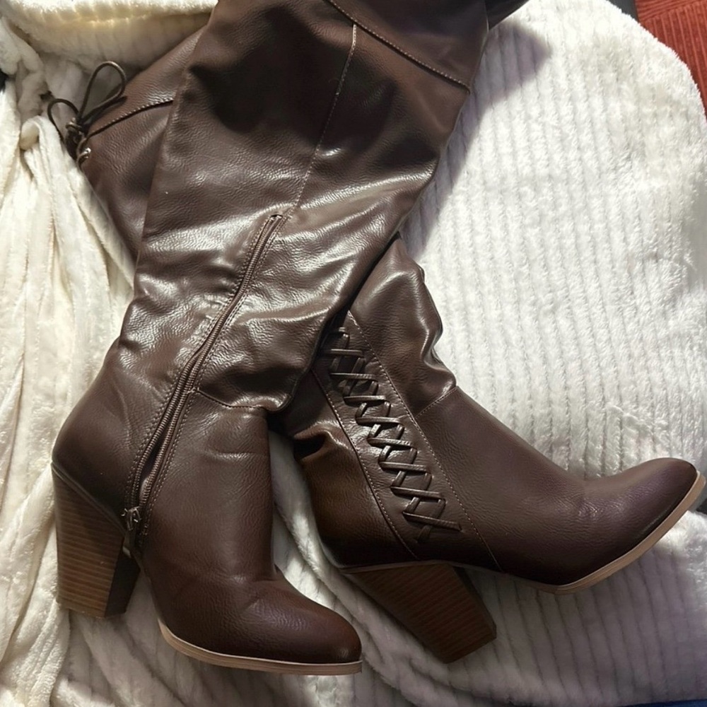 Like New Journee Over-the-Knee Brown Faux Leather, Stacked Heel, Lace-up Boot, 9